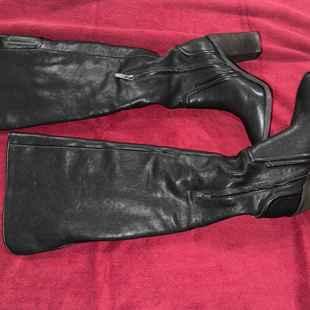 Vince Camuto Black Leather Over-the-Knee Block Heel Boots